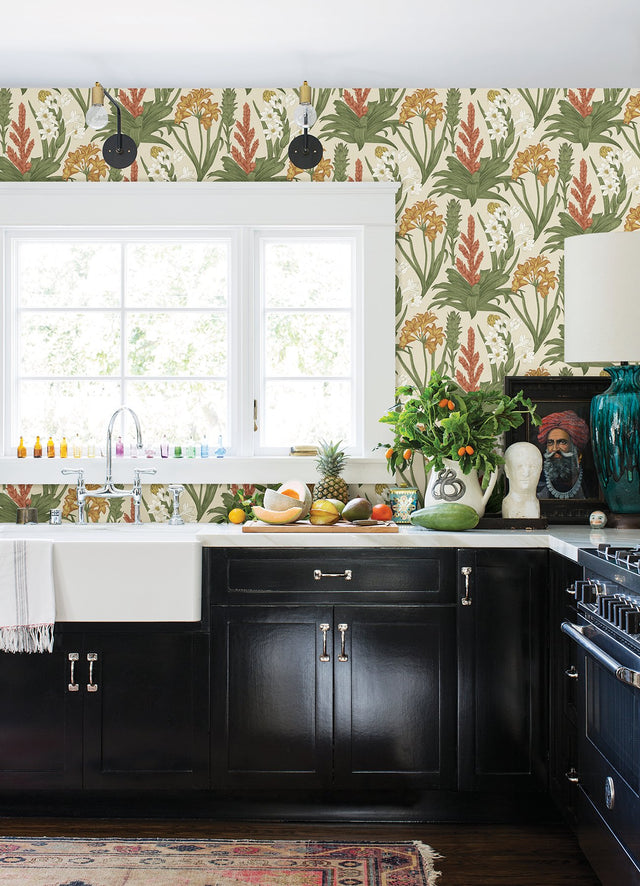 Blooming Villa Linen & Olive Peel & Stick Wallpaper with Botanical Floral Pattern, Farmhouse Style - NuWallpaper NUS6097