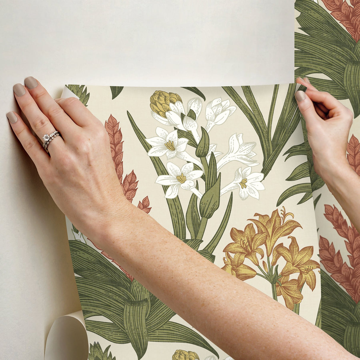 Blooming Villa Linen & Olive Peel & Stick Wallpaper with Botanical Floral Pattern, Farmhouse Style - NuWallpaper NUS6097