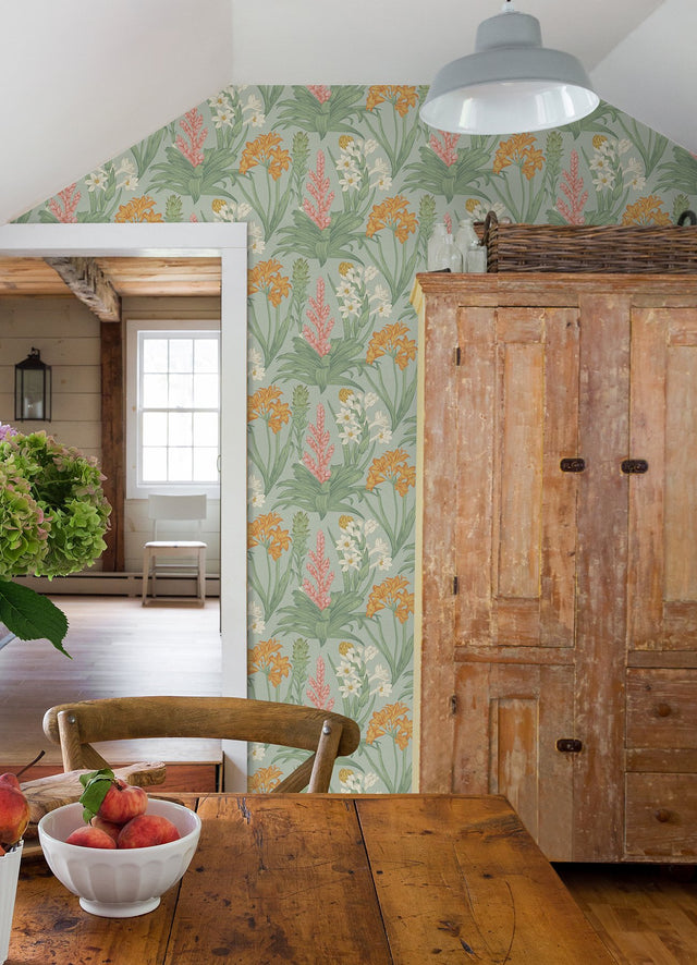 Blooming Villa Jade & Pink Peel & Stick Wallpaper with Botanical Floral Pattern - NuWallpaper NUS6098