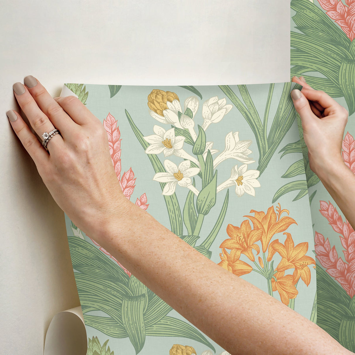 Blooming Villa Jade & Pink Peel & Stick Wallpaper with Botanical Floral Pattern - NuWallpaper NUS6098