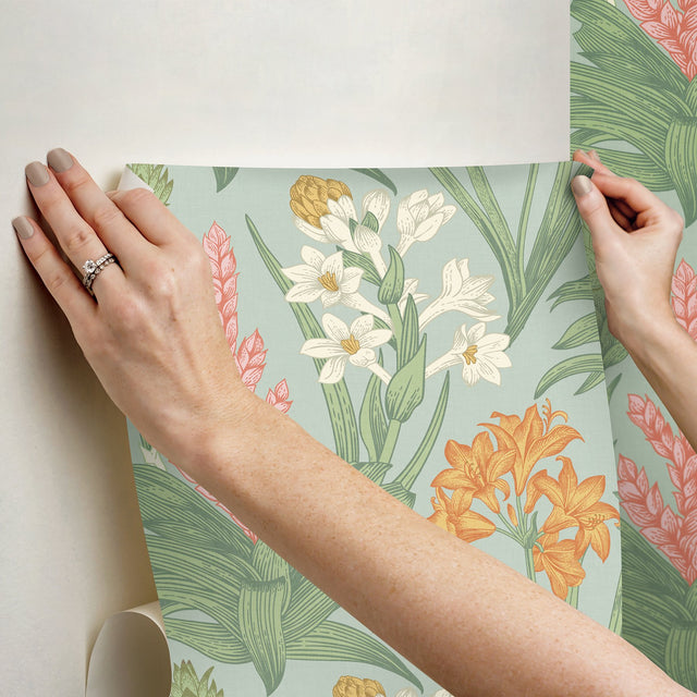 Blooming Villa Jade & Pink Peel & Stick Wallpaper with Botanical Floral Pattern - NuWallpaper NUS6098