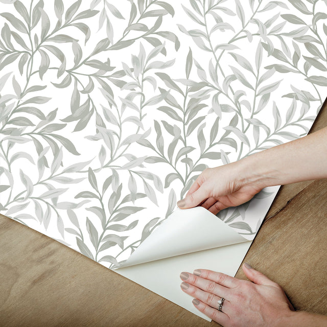 Terrace Vines Sea Salt Grey Peel & Stick Wallpaper with Botanical Vining Greenery - NuWallpaper NUS6099