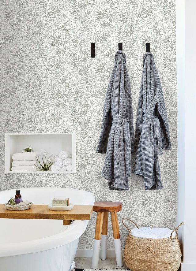 Terrace Vines Sea Salt Grey Peel & Stick Wallpaper with Botanical Vining Greenery - NuWallpaper NUS6099