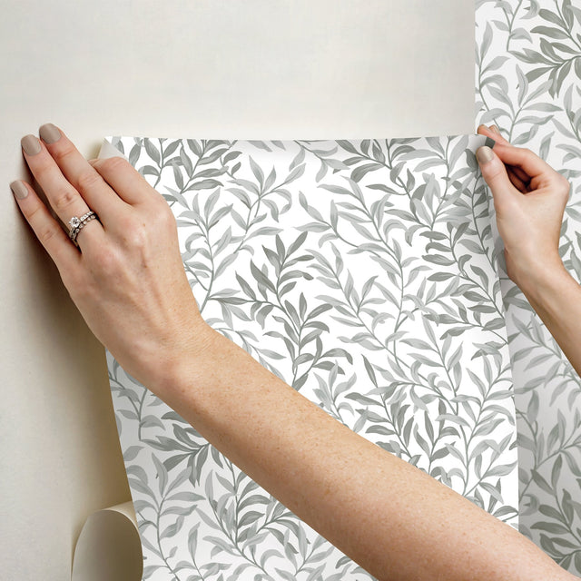 Terrace Vines Sea Salt Grey Peel & Stick Wallpaper with Botanical Vining Greenery - NuWallpaper NUS6099