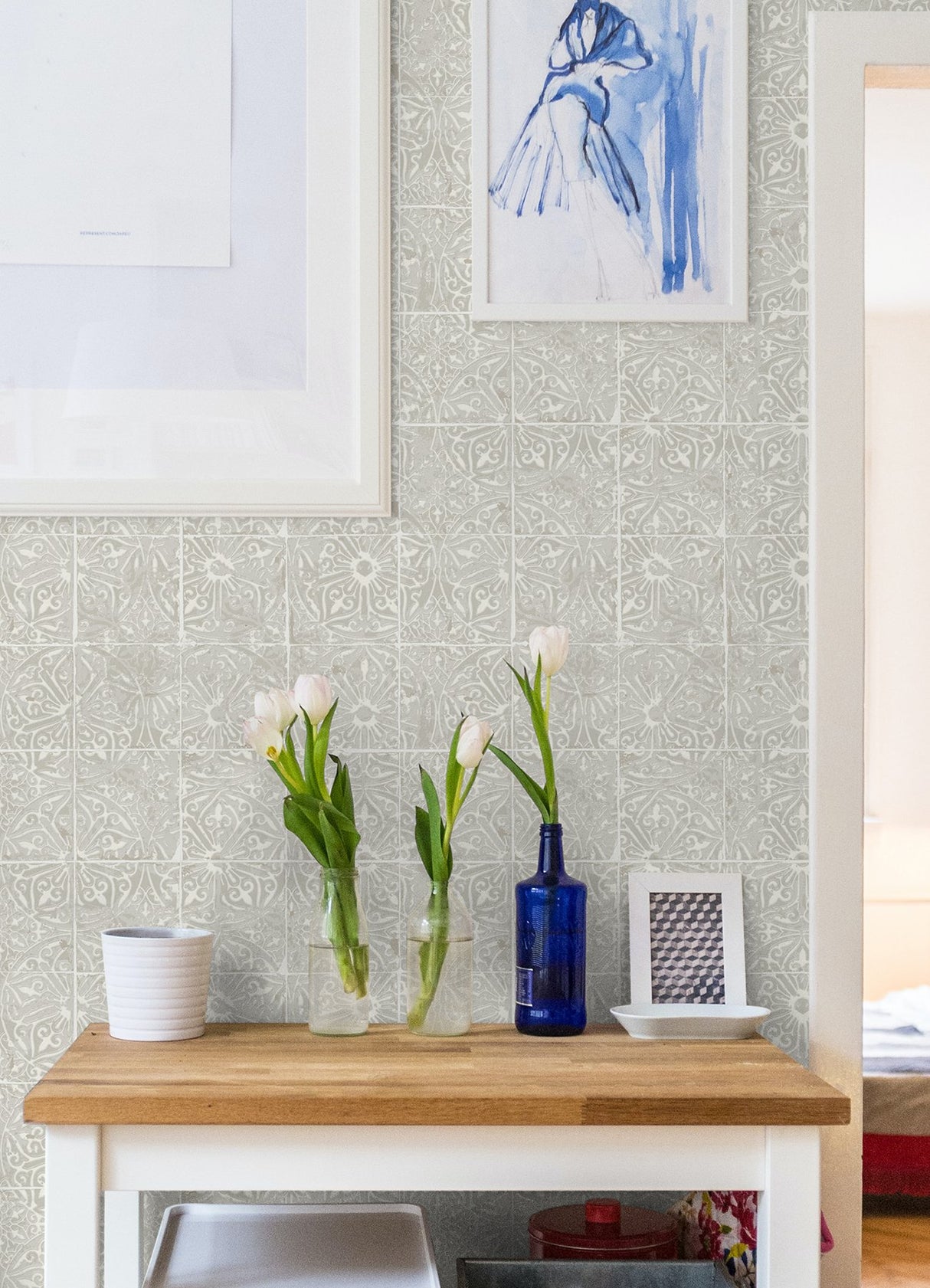 Provincial Tile Grey Peel & Stick Wallpaper with Floral Tile Motif - NuWallpaper NUS6102