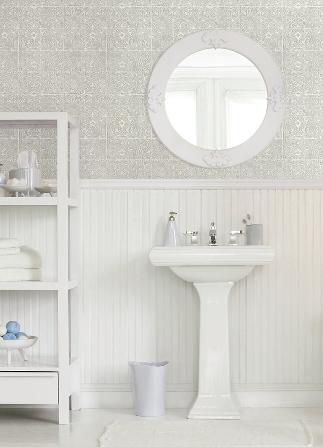 Provincial Tile Grey Peel & Stick Wallpaper with Floral Tile Motif - NuWallpaper NUS6102
