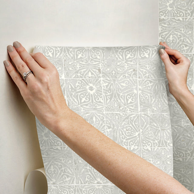Provincial Tile Grey Peel & Stick Wallpaper with Floral Tile Motif - NuWallpaper NUS6102