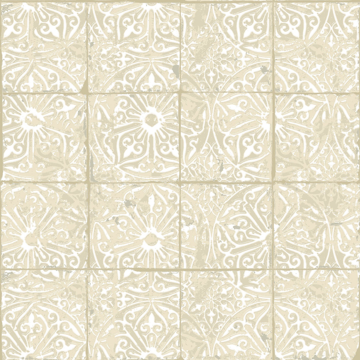 Provincial Tile Cream Peel & Stick Wallpaper with Floral Tile Motif - NuWallpaper NUS6103