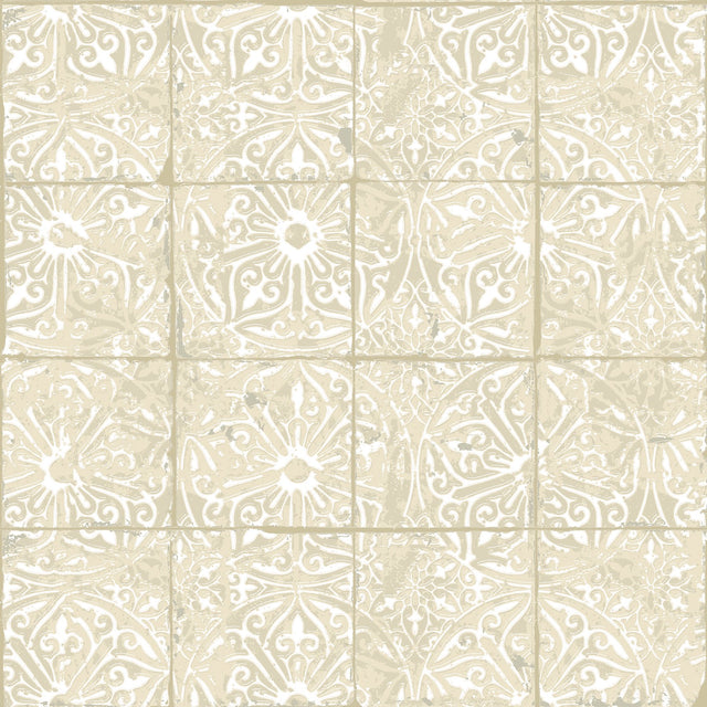 Provincial Tile Cream Peel & Stick Wallpaper with Floral Tile Motif - NuWallpaper NUS6103