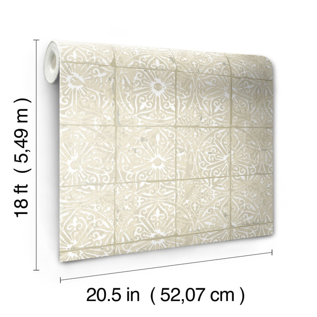 Provincial Tile Cream Peel & Stick Wallpaper with Floral Tile Motif - NuWallpaper NUS6103