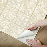 Provincial Tile Cream Peel & Stick Wallpaper with Floral Tile Motif - NuWallpaper NUS6103