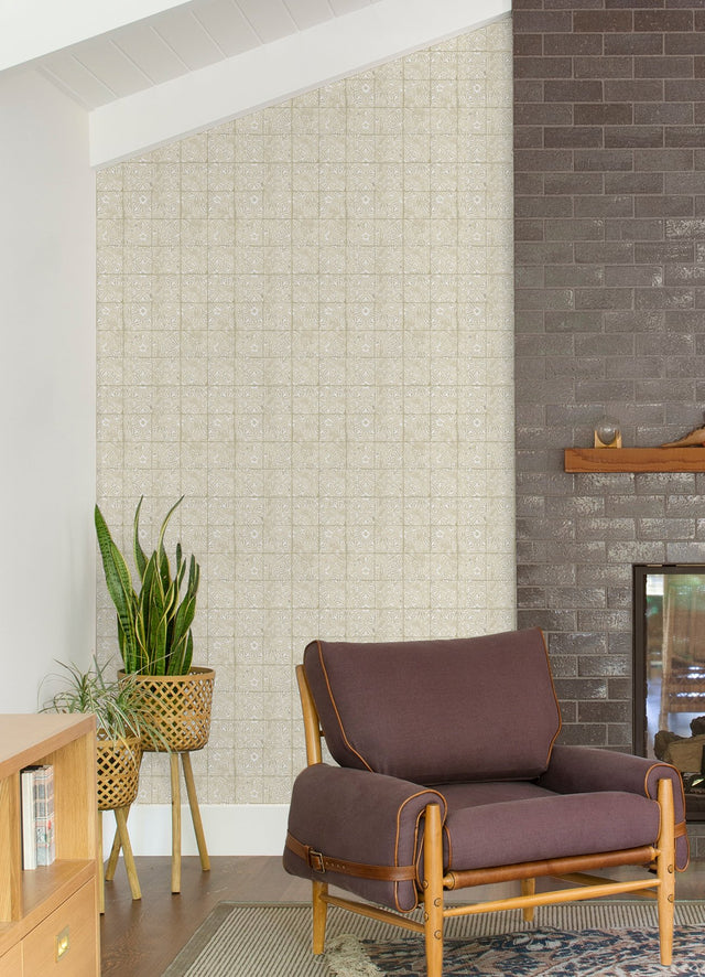 Provincial Tile Cream Peel & Stick Wallpaper with Floral Tile Motif - NuWallpaper NUS6103