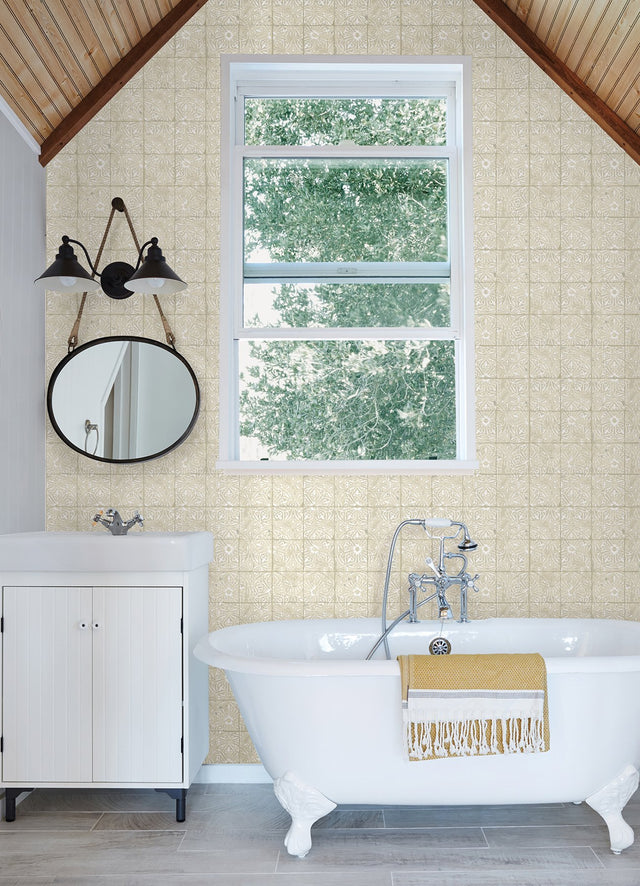 Provincial Tile Cream Peel & Stick Wallpaper with Floral Tile Motif - NuWallpaper NUS6103