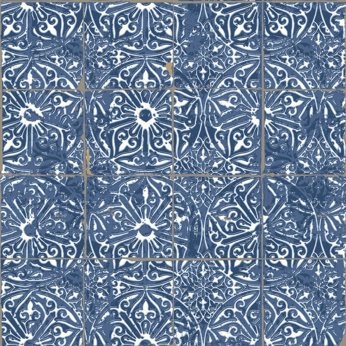 Provincial Tile Cobalt Sea Peel & Stick Wallpaper with Floral Tile Motif - NuWallpaper NUS6104