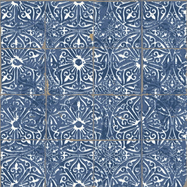 Provincial Tile Cobalt Sea Peel & Stick Wallpaper with Floral Tile Motif - NuWallpaper NUS6104