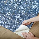 Provincial Tile Cobalt Sea Peel & Stick Wallpaper with Floral Tile Motif - NuWallpaper NUS6104