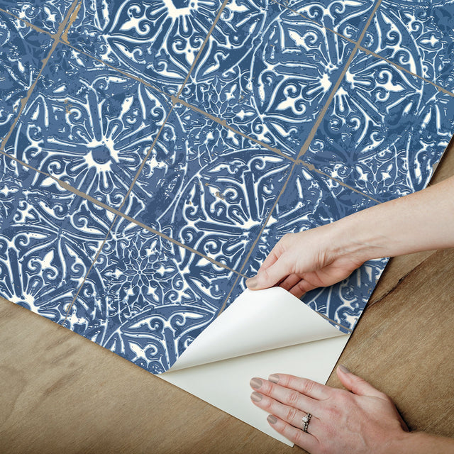 Provincial Tile Cobalt Sea Peel & Stick Wallpaper with Floral Tile Motif - NuWallpaper NUS6104