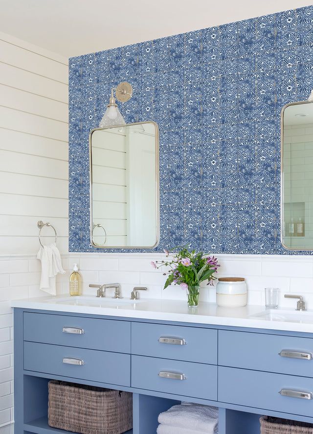 Provincial Tile Cobalt Sea Peel & Stick Wallpaper with Floral Tile Motif - NuWallpaper NUS6104