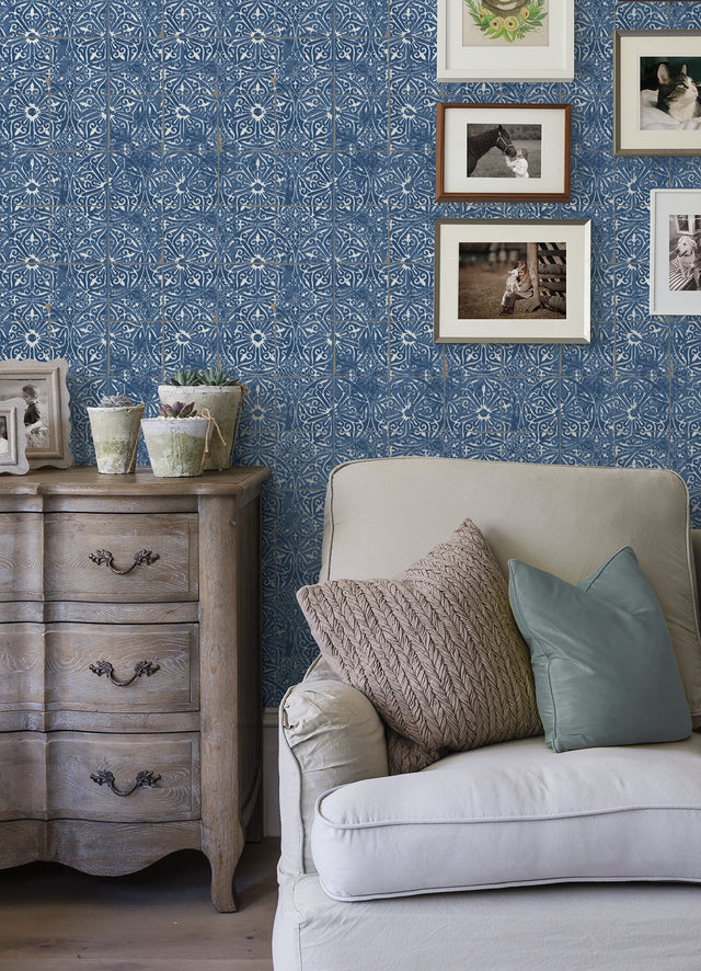 Provincial Tile Cobalt Sea Peel & Stick Wallpaper with Floral Tile Motif - NuWallpaper NUS6104