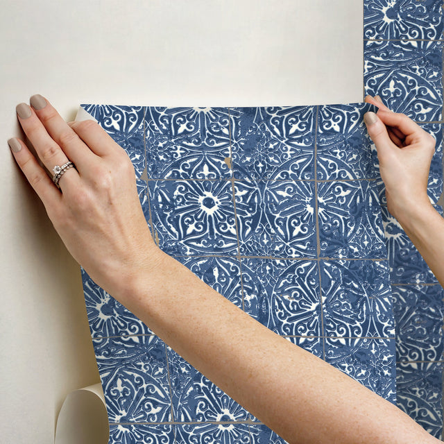 Provincial Tile Cobalt Sea Peel & Stick Wallpaper with Floral Tile Motif - NuWallpaper NUS6104