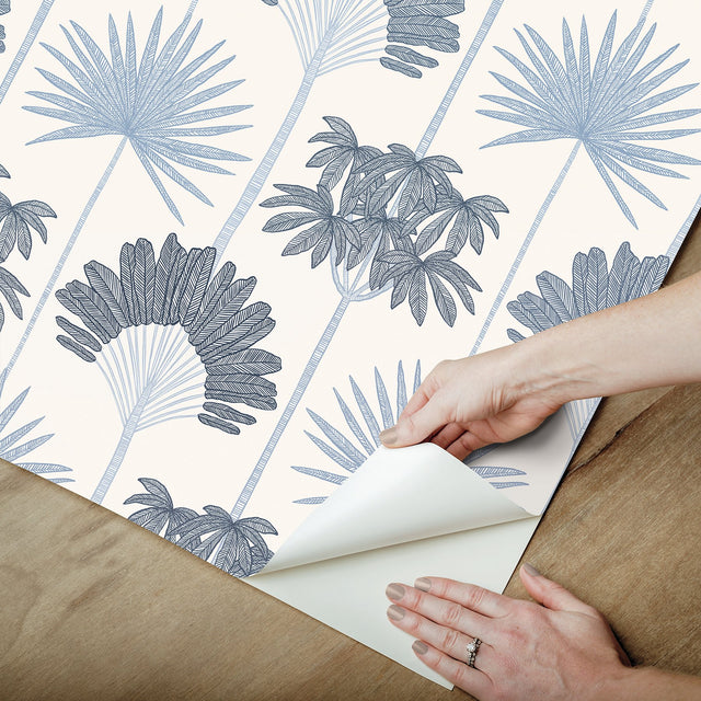 Kentia Blue Peel & Stick Wallpaper with Botanical Tropical Trees - NuWallpaper NUS6189