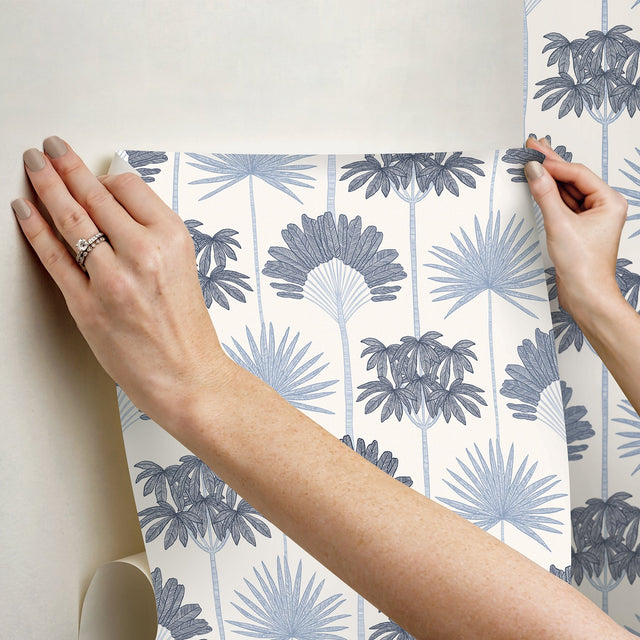 Kentia Blue Peel & Stick Wallpaper with Botanical Tropical Trees - NuWallpaper NUS6189