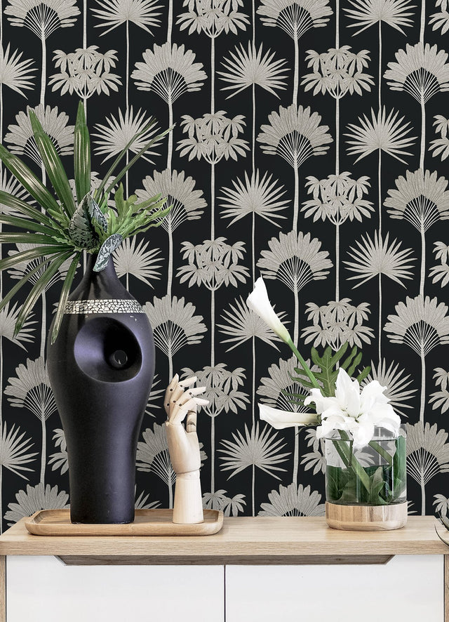 Kentia Black Peel & Stick Wallpaper with Botanical Palm Tree Pattern - NuWallpaper NUS6190
