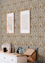 Isle Brown Peel & Stick Wallpaper with Botanical Damask Pattern, Traditional Style - NuWallpaper NUS6191