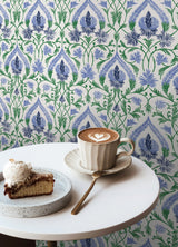 Isle Blue Peel & Stick Wallpaper with Botanical Damask Pattern - NuWallpaper NUS6192