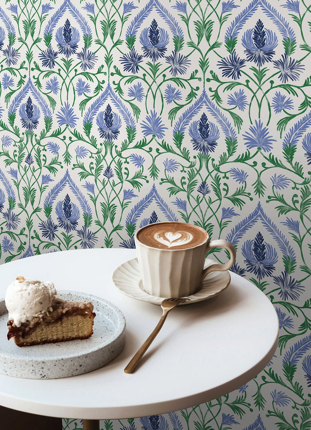 Isle Blue Peel & Stick Wallpaper with Botanical Damask Pattern - NuWallpaper NUS6192