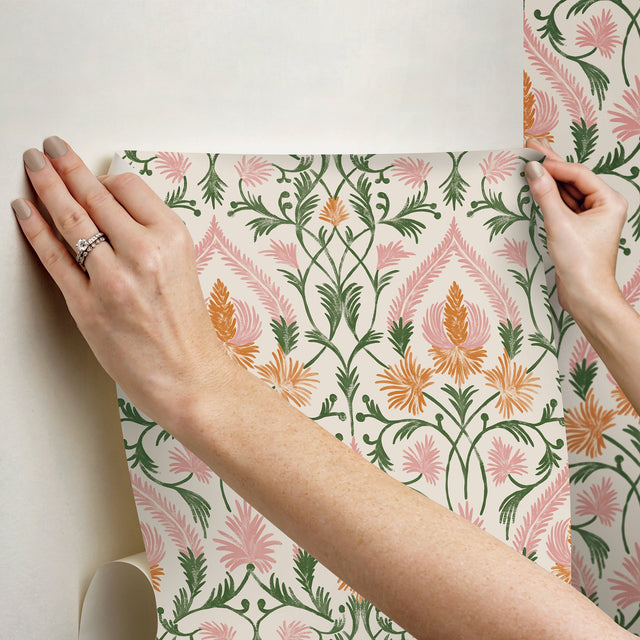 Isle Pink Peel & Stick Wallpaper with Botanical Damask Pattern, Traditional Style - NuWallpaper NUS6193