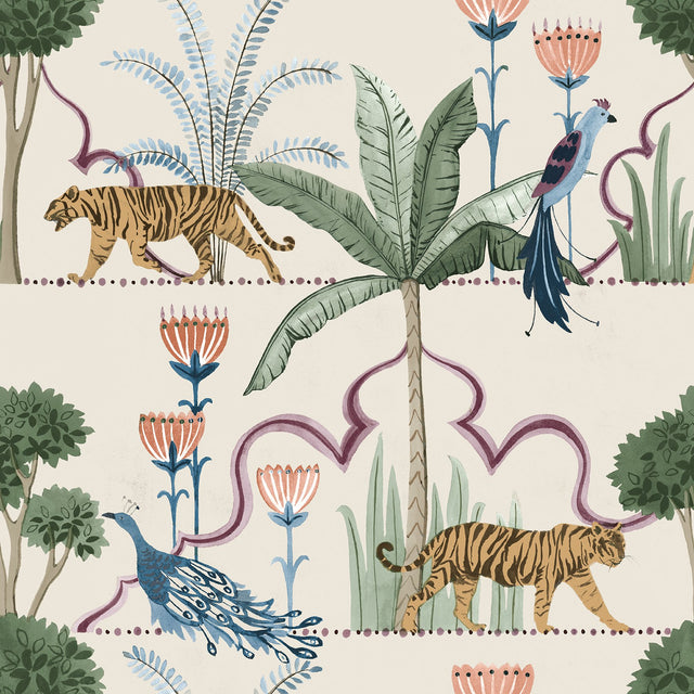Laos Taupe Peel & Stick Wallpaper with Botanical Toile Tigers & Peacocks - NuWallpaper NUS6194