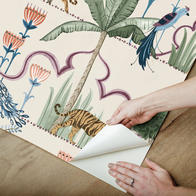 Laos Taupe Peel & Stick Wallpaper with Botanical Toile Tigers & Peacocks - NuWallpaper NUS6194