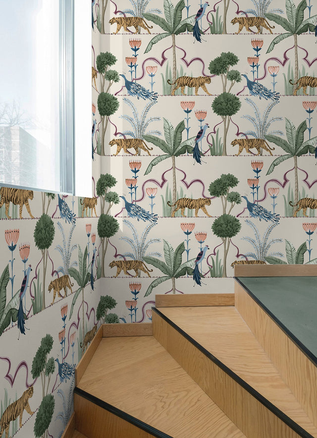 Laos Taupe Peel & Stick Wallpaper with Botanical Toile Tigers & Peacocks - NuWallpaper NUS6194