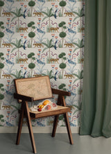 Laos Taupe Peel & Stick Wallpaper with Botanical Toile Tigers & Peacocks - NuWallpaper NUS6194