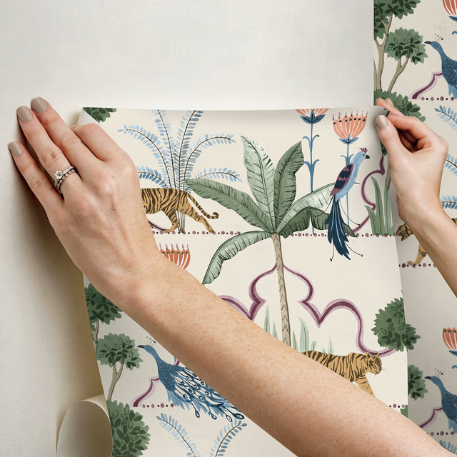 Laos Taupe Peel & Stick Wallpaper with Botanical Toile Tigers & Peacocks - NuWallpaper NUS6194