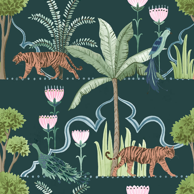 Laos Green Peel & Stick Wallpaper with Botanical Toile Jungle Motif - NuWallpaper NUS6195