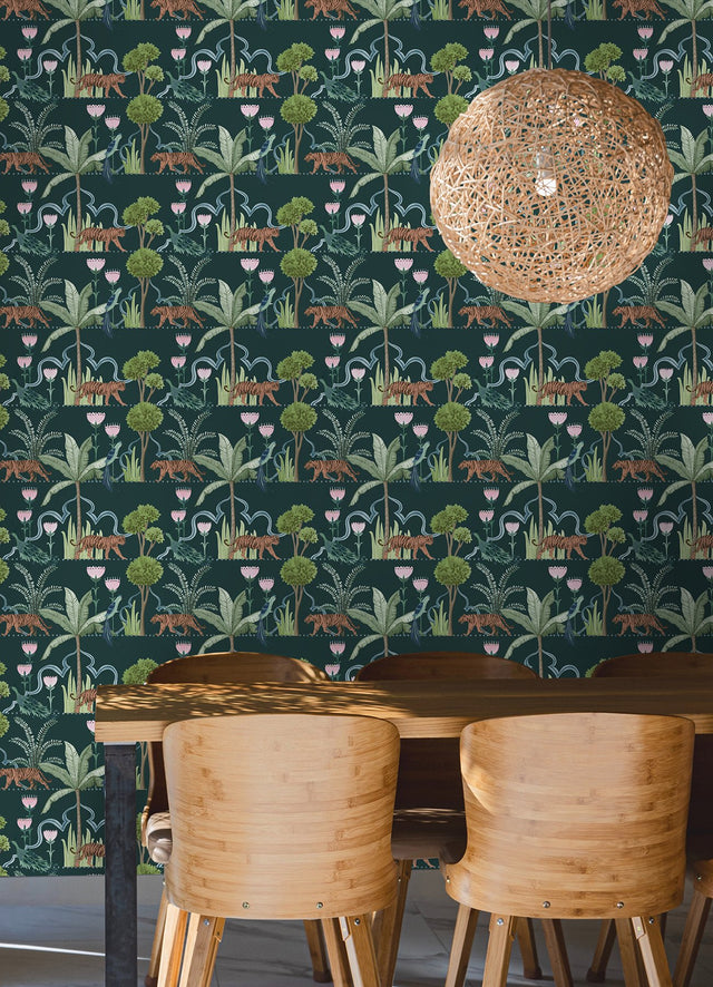 Laos Green Peel & Stick Wallpaper with Botanical Toile Jungle Motif - NuWallpaper NUS6195