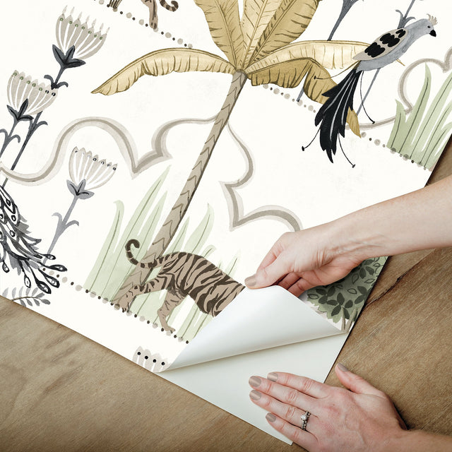 Laos Ivory Wallpaper with Botanical Toile Jungle Motif, Traditional Peel & Stick - NuWallpaper NUS6196