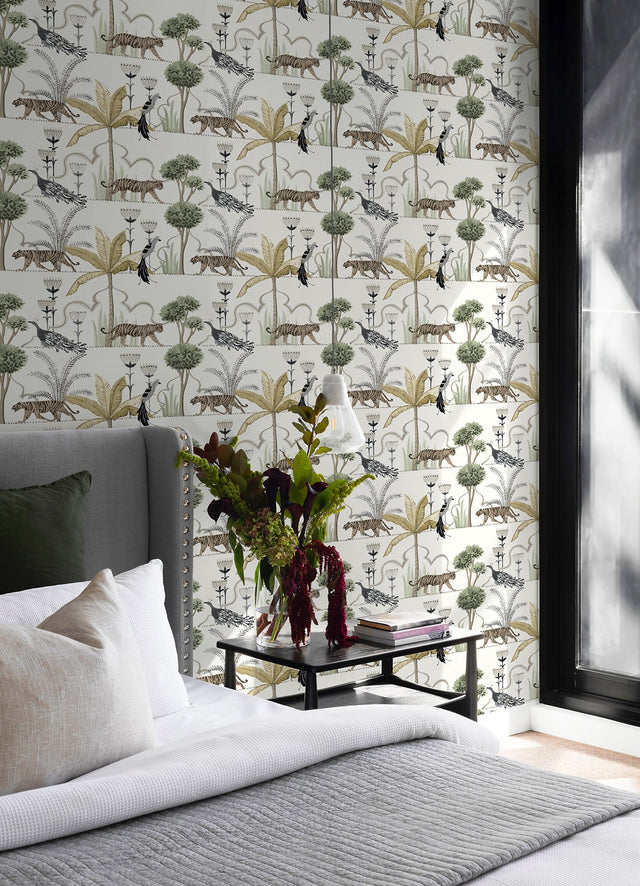 Laos Ivory Wallpaper with Botanical Toile Jungle Motif, Traditional Peel & Stick - NuWallpaper NUS6196