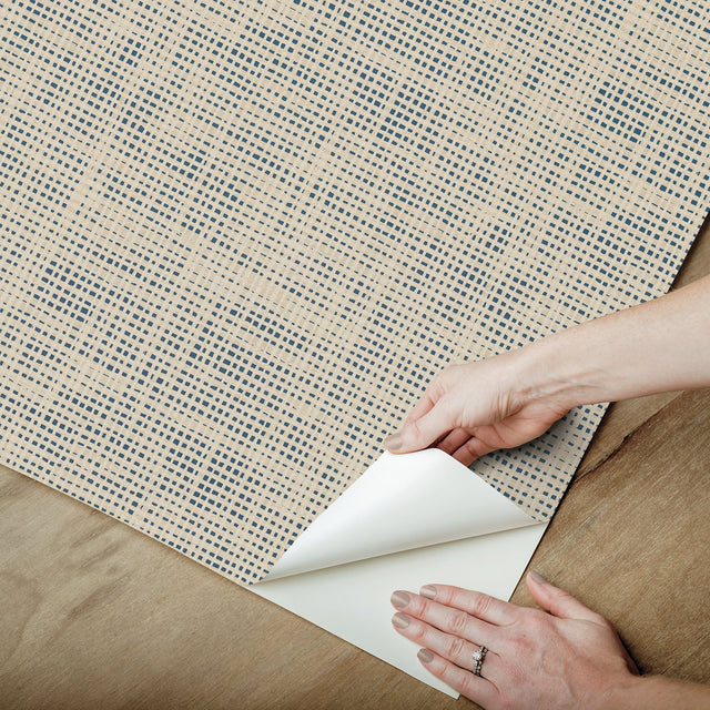 Nolan Blue Faux Grasscloth Peel & Stick Wallpaper with Raised Ink Texture - NuWallpaper NUS6200