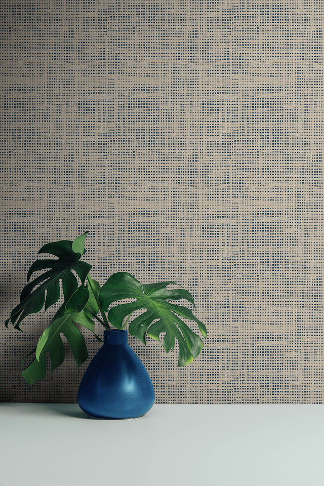 Nolan Blue Faux Grasscloth Peel & Stick Wallpaper with Raised Ink Texture - NuWallpaper NUS6200