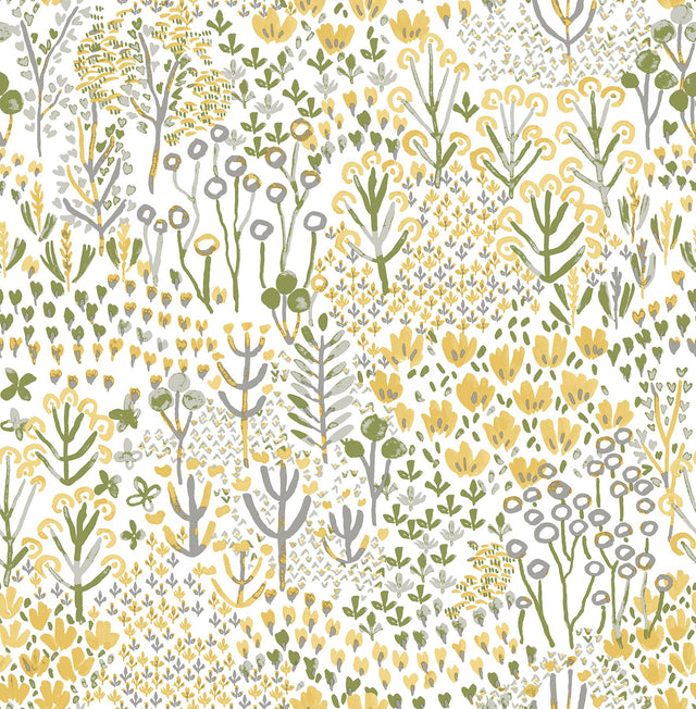 Flower Parade Yellow Peel & Stick Wallpaper with Modern Botanical Floral Pattern - NuWallpaper NUS6211