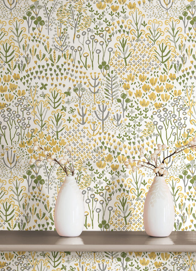 Flower Parade Yellow Peel & Stick Wallpaper with Modern Botanical Floral Pattern - NuWallpaper NUS6211
