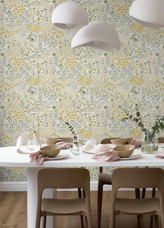 Flower Parade Yellow Peel & Stick Wallpaper with Modern Botanical Floral Pattern - NuWallpaper NUS6211