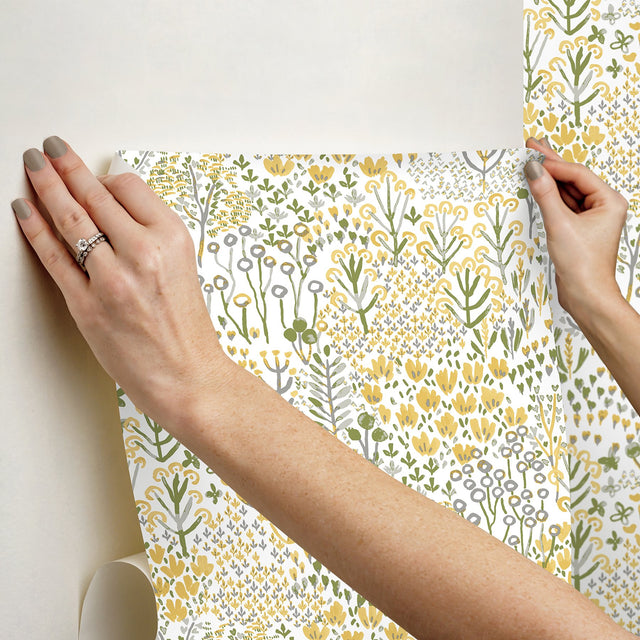 Flower Parade Yellow Peel & Stick Wallpaper with Modern Botanical Floral Pattern - NuWallpaper NUS6211
