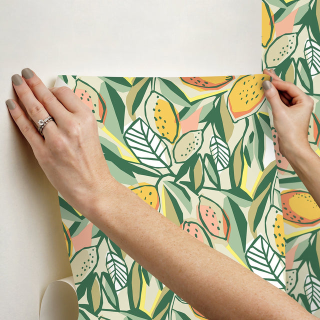 Main Squeeze Peach Peel & Stick Wallpaper with Modern Botanical Fruit Motif - NuWallpaper NUS6216