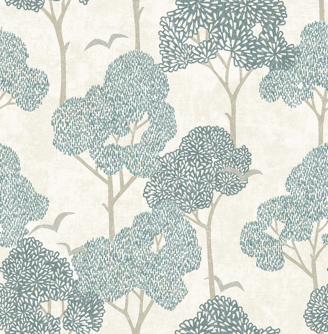 Millie Blue Peel & Stick Wallpaper with Botanical Trees & Birds - NuWallpaper NUS6221