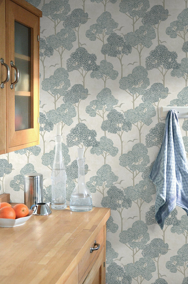 Millie Blue Peel & Stick Wallpaper with Botanical Trees & Birds - NuWallpaper NUS6221