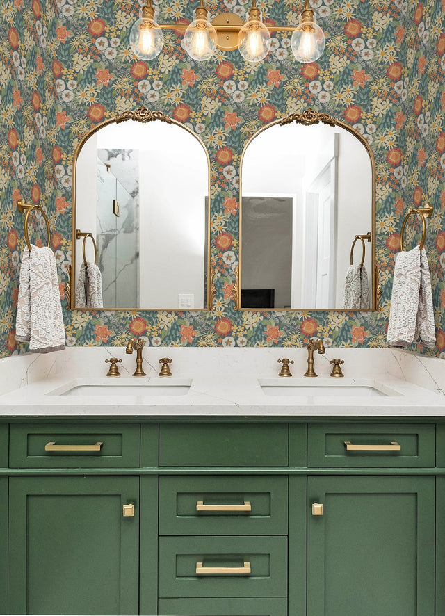 Sadie Teal Peel & Stick Wallpaper with Modern Botanical Flower Pattern - NuWallpaper NUS6222